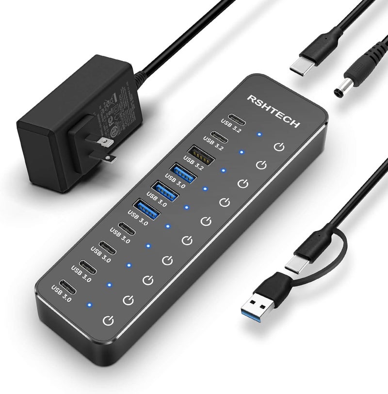 Rshtech 10 Ports Powered USB 3.2/USB C Hub Splitter 60W with 3 x 10Gbps USB 3.2 Ports (2C + 1A),7 x USB 3.0 Ports (4C + 3A), 3.3ft Cable and Individual Touch Switches for Laptop PC - Image 1